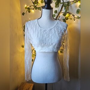 White lace crop long sleeve top shirt large great for layering under a band tee